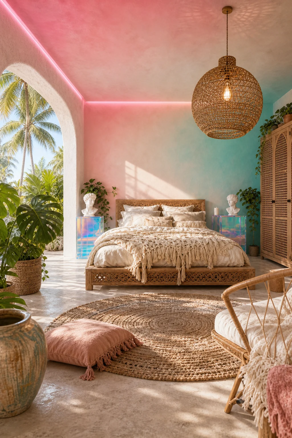 A wide full-room view showing a pastel gradient wall, acrylic nightstands, macrame bedding, and rattan lighting.
