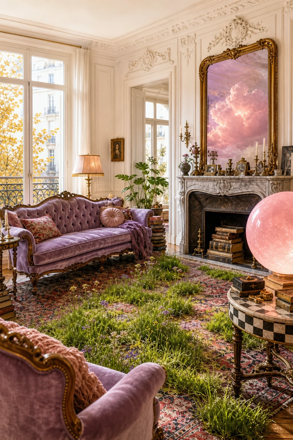 An ornate marble fireplace with a gold mirror reflecting a fluffy pink cloud instead of the room.