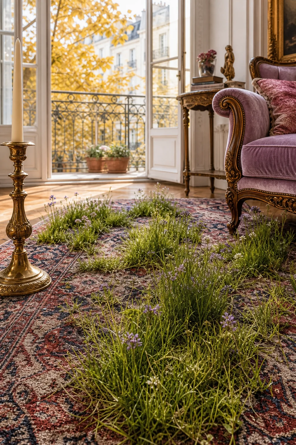 Close-up of indoor meadow grass growing through a faded Persian rug near an antique brass candlestick.