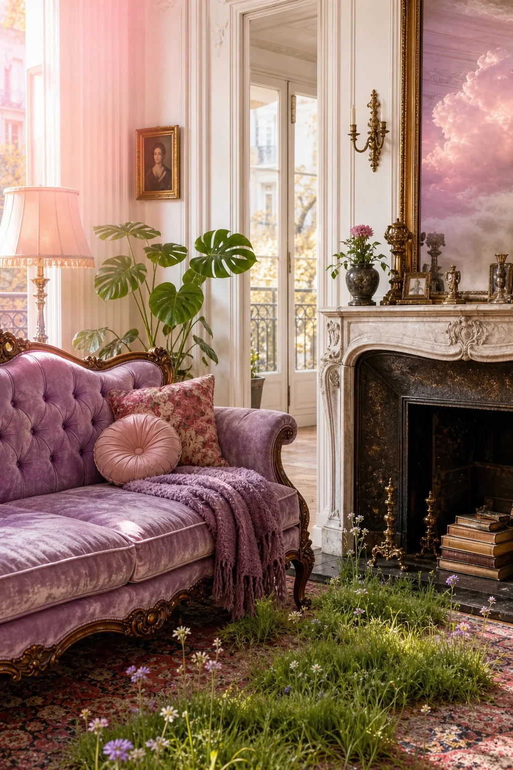 A tufted lavender velvet antique sofa bathed in an uncanny pastel pink light leak.