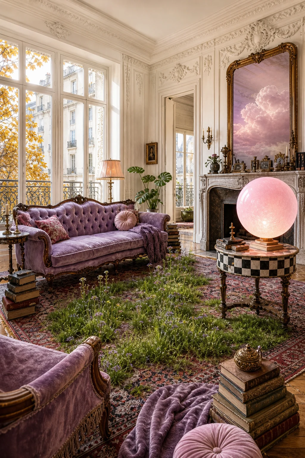 A full seating vignette featuring a lavender velvet sofa, Persian rug, checkerboard table, and glowing pink orb.
