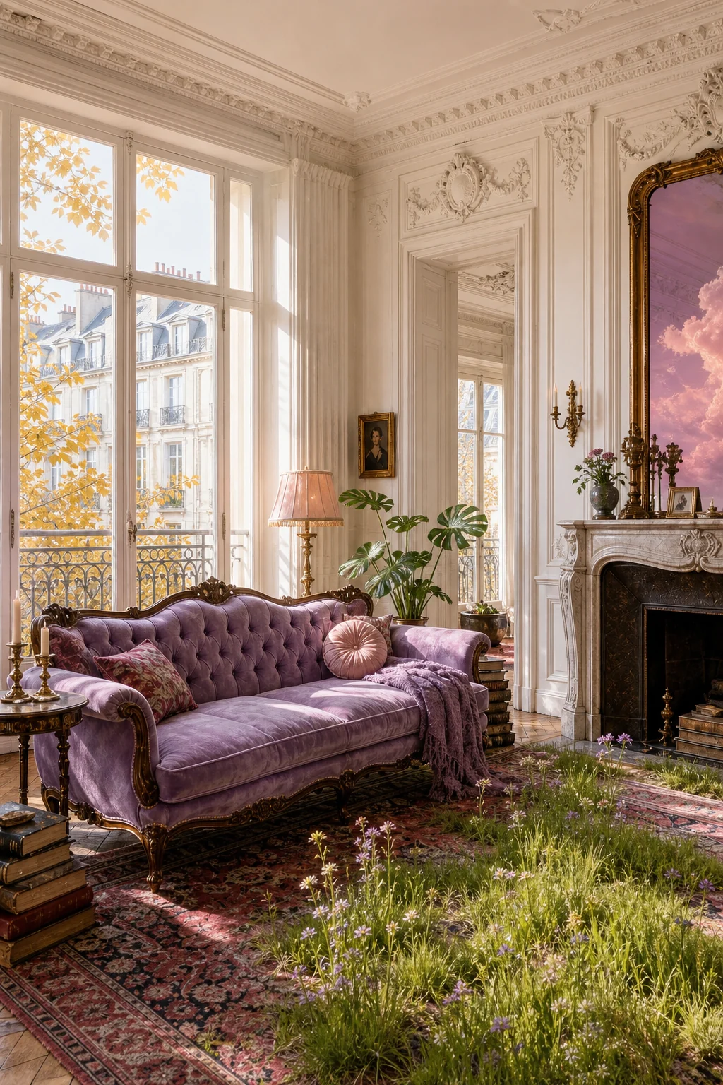 Tall French windows letting in autumn daylight that mixes with a pastel lavender glow on the plaster moldings.