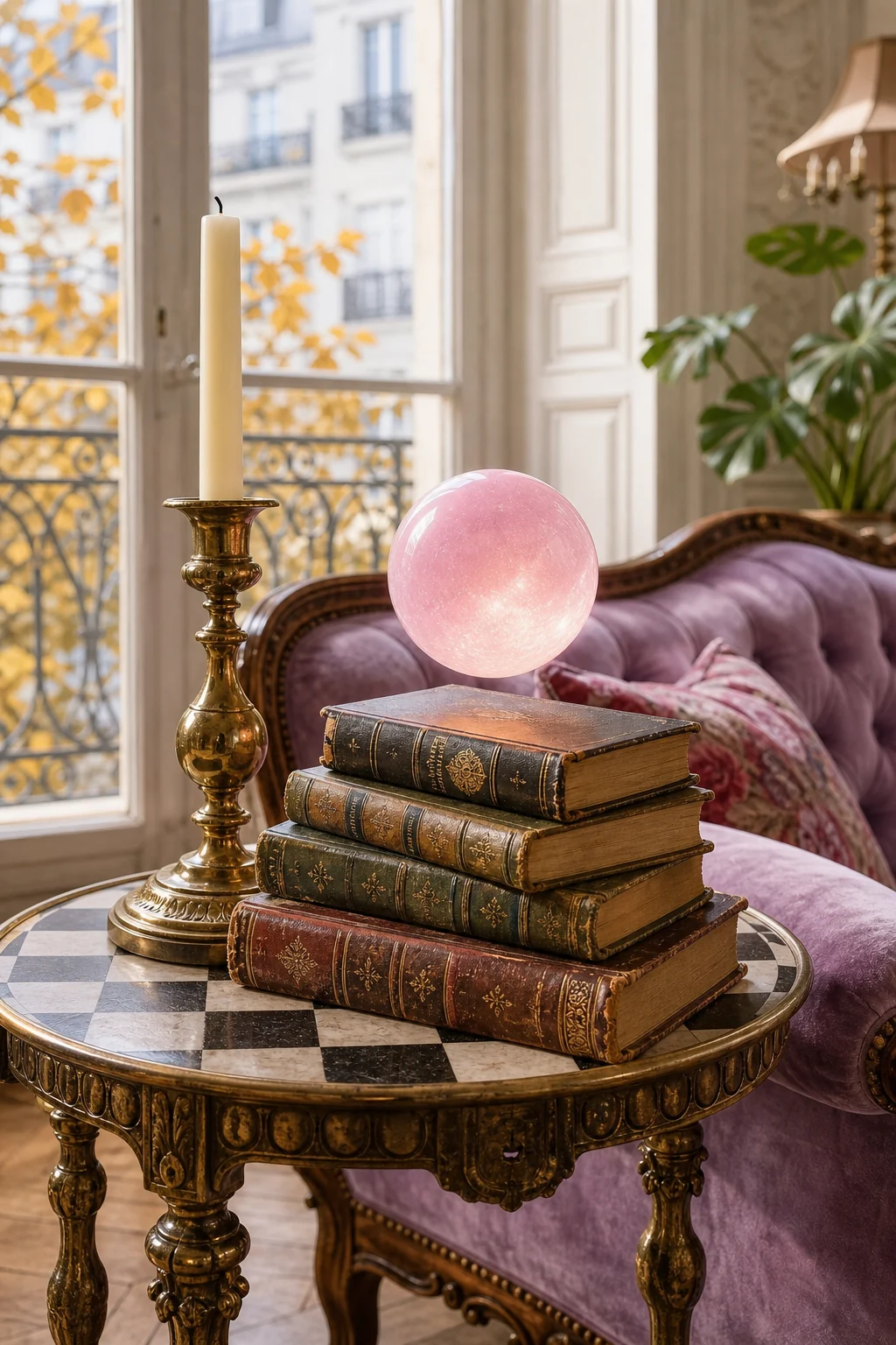 Detail shot of a side table with worn leather books, brass, and a miniature floating glowing orb.