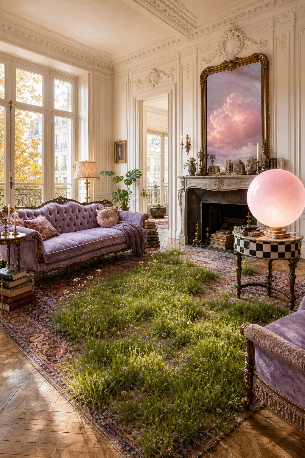 Wide shot of the living room balancing the antique lavender sofa, indoor grass, and glowing orb under bright daylight.