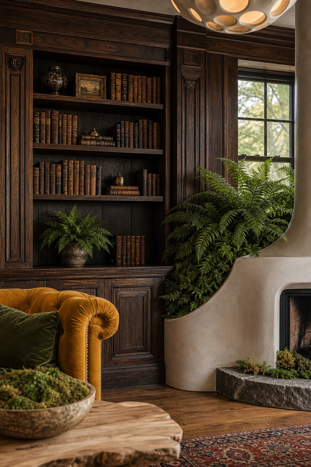 Dark walnut wainscoting and mustard velvet sofa meeting a modern white planter with a fern.