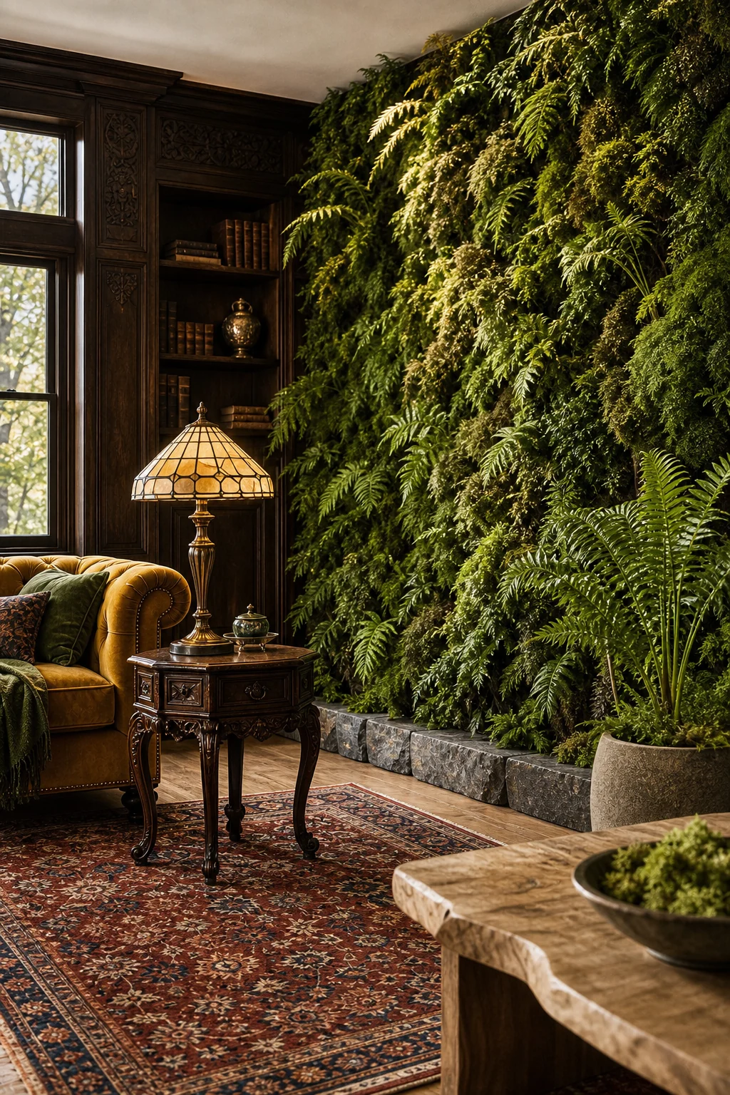 Massive living wall of ferns meeting a faded crimson Persian rug.