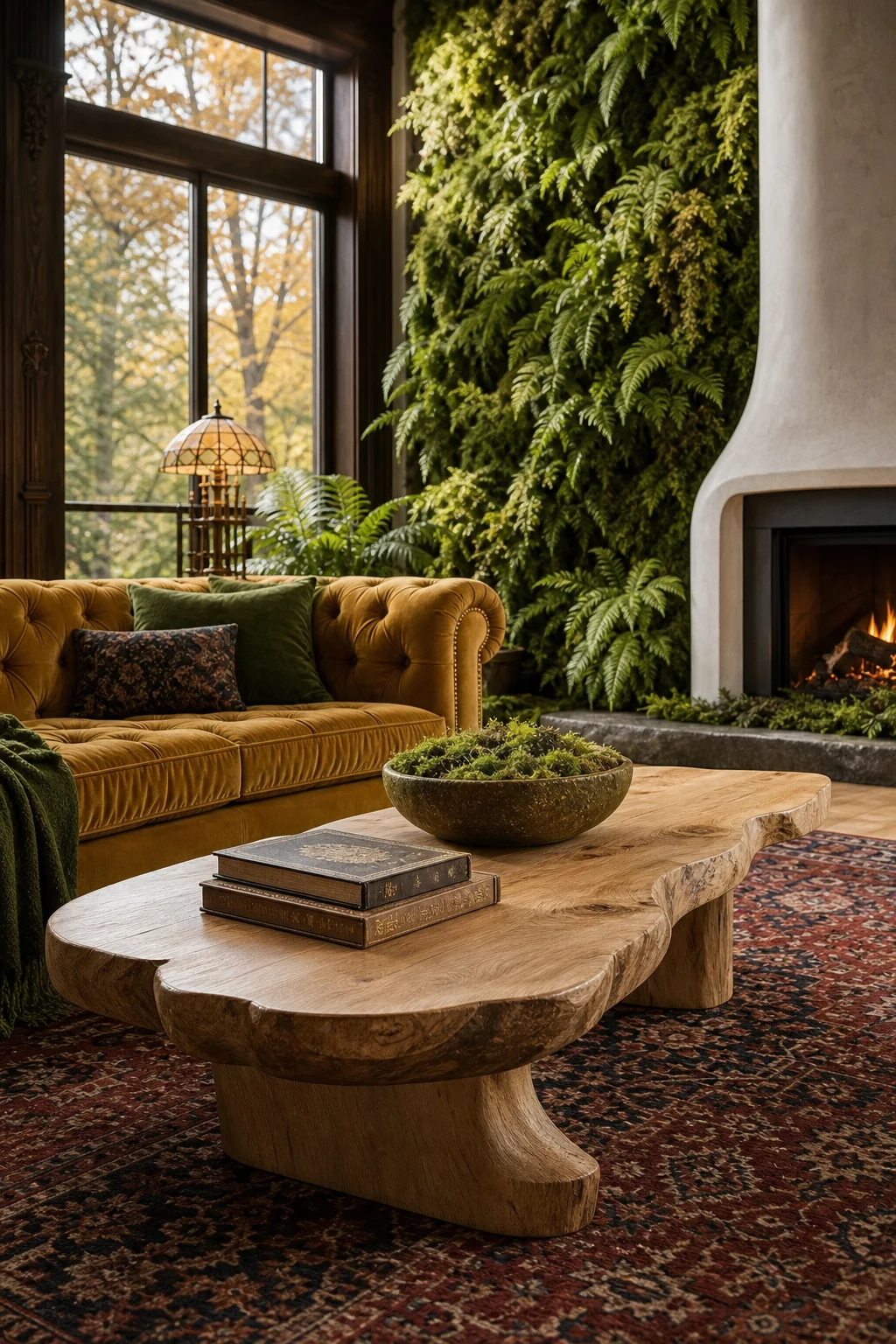 Raw-edge ash wood coffee table on a Persian rug with a moss bowl.