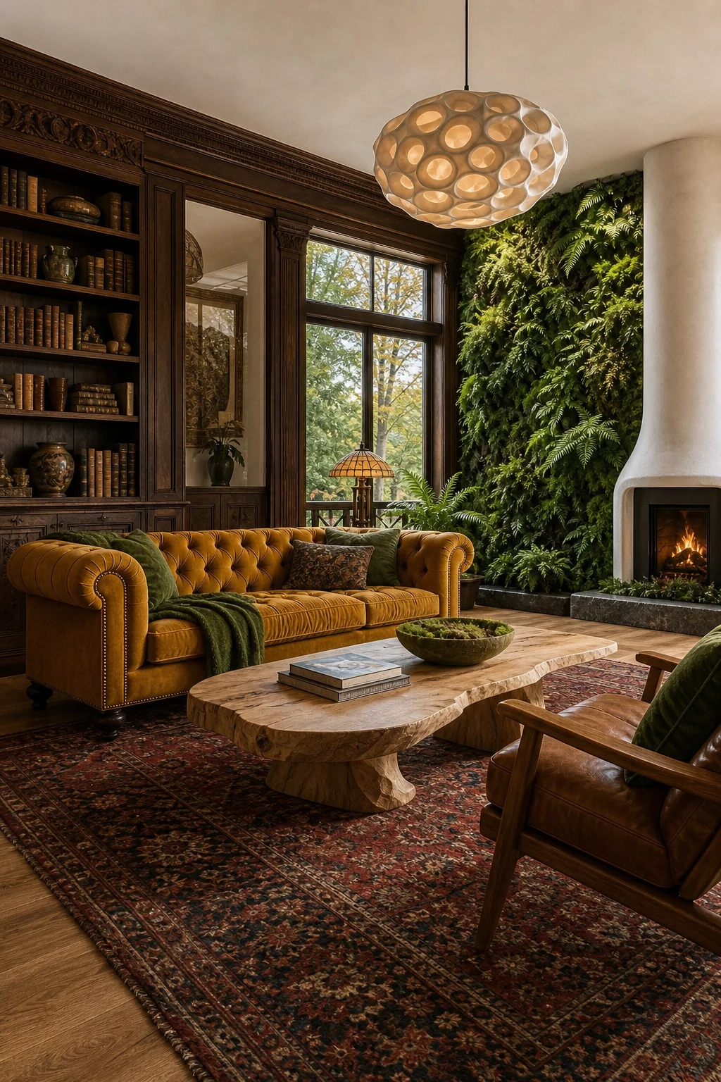 Wide view of mustard velvet sofa, raw-edge table, and cellular pendant light.