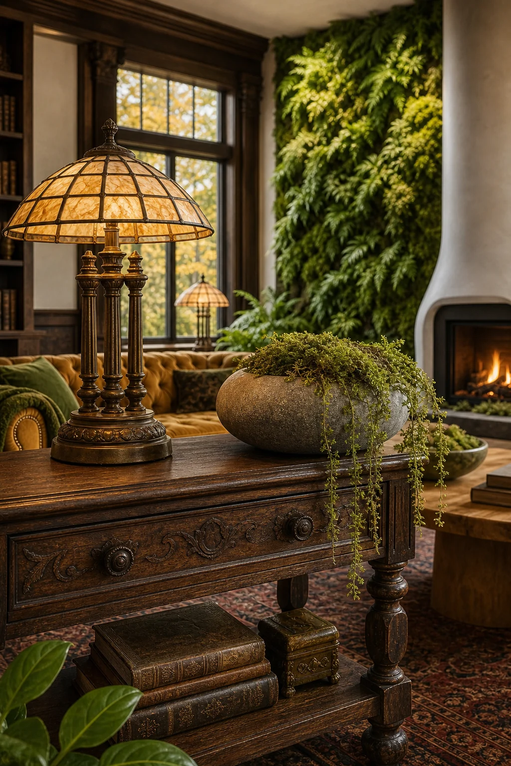 Dark walnut console table with brass lamp and river stone planter.