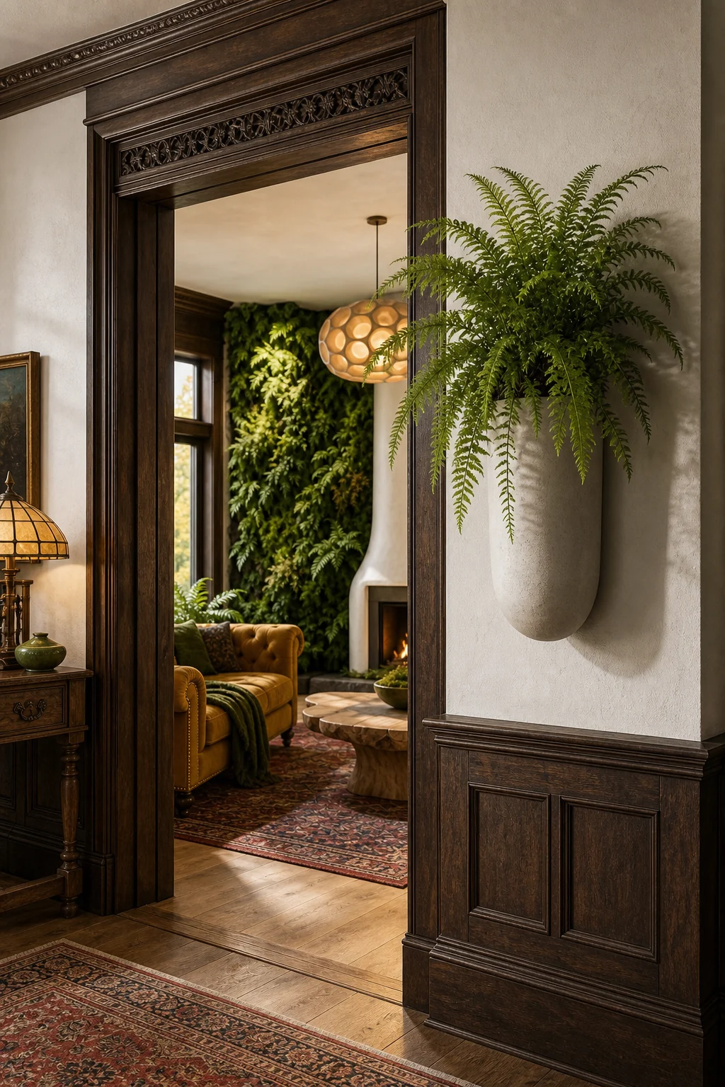 Hallway threshold with walnut wainscoting and a modern hanging planter.
