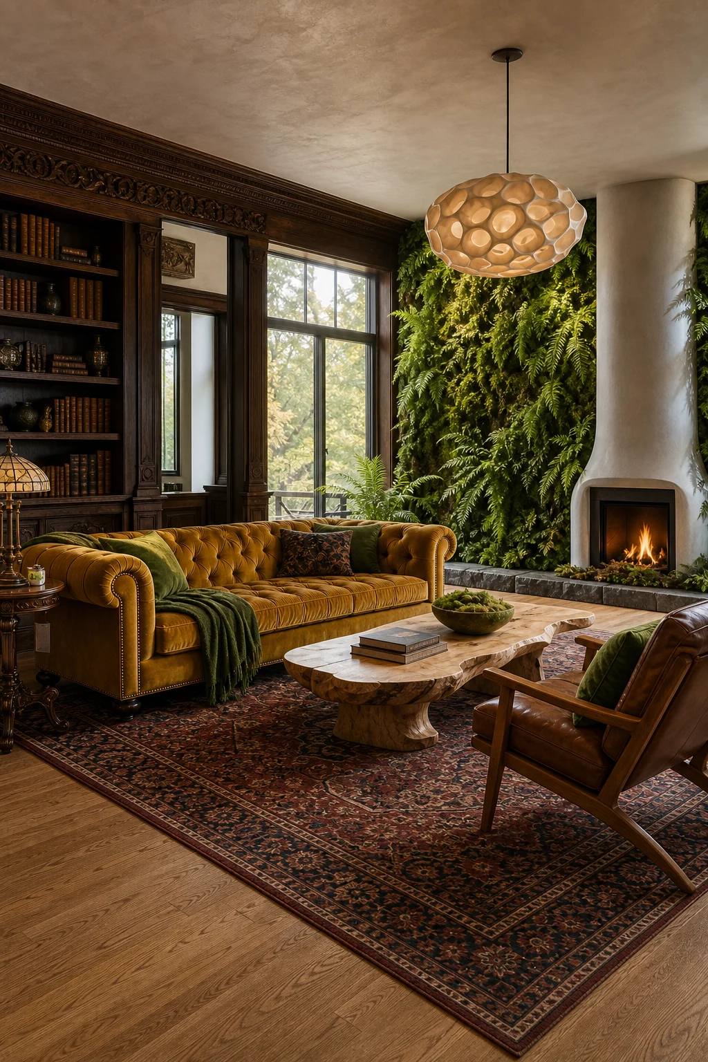 Full room wide shot showing distinct vintage shell and biophilic center.