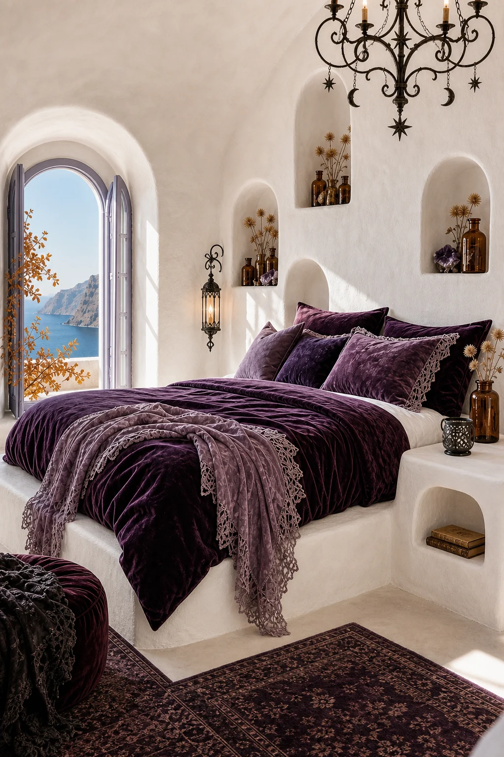 Close-up of deep plum velvet bedding resting on a built-in whitewashed plaster bed frame
