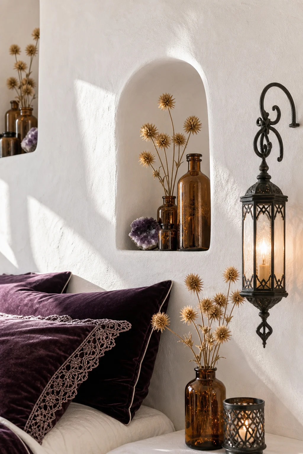 Detail of an arched whitewashed wall niche holding amber apothecary bottles and dried thistles