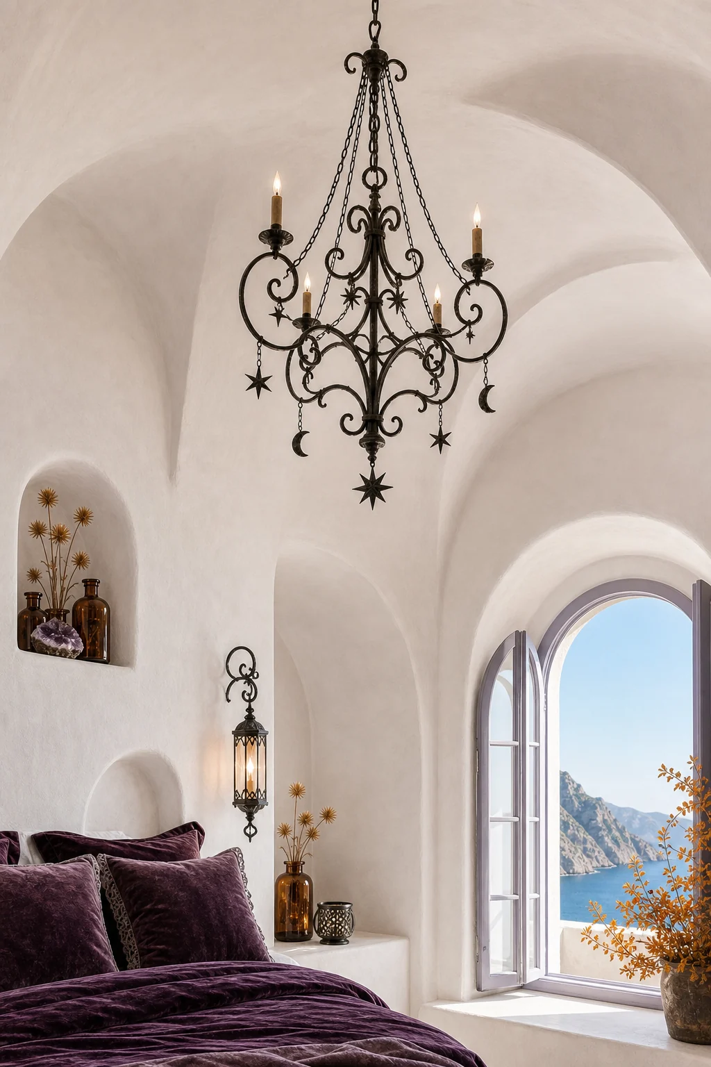 Looking up at a wrought iron celestial chandelier against a curved white plaster ceiling