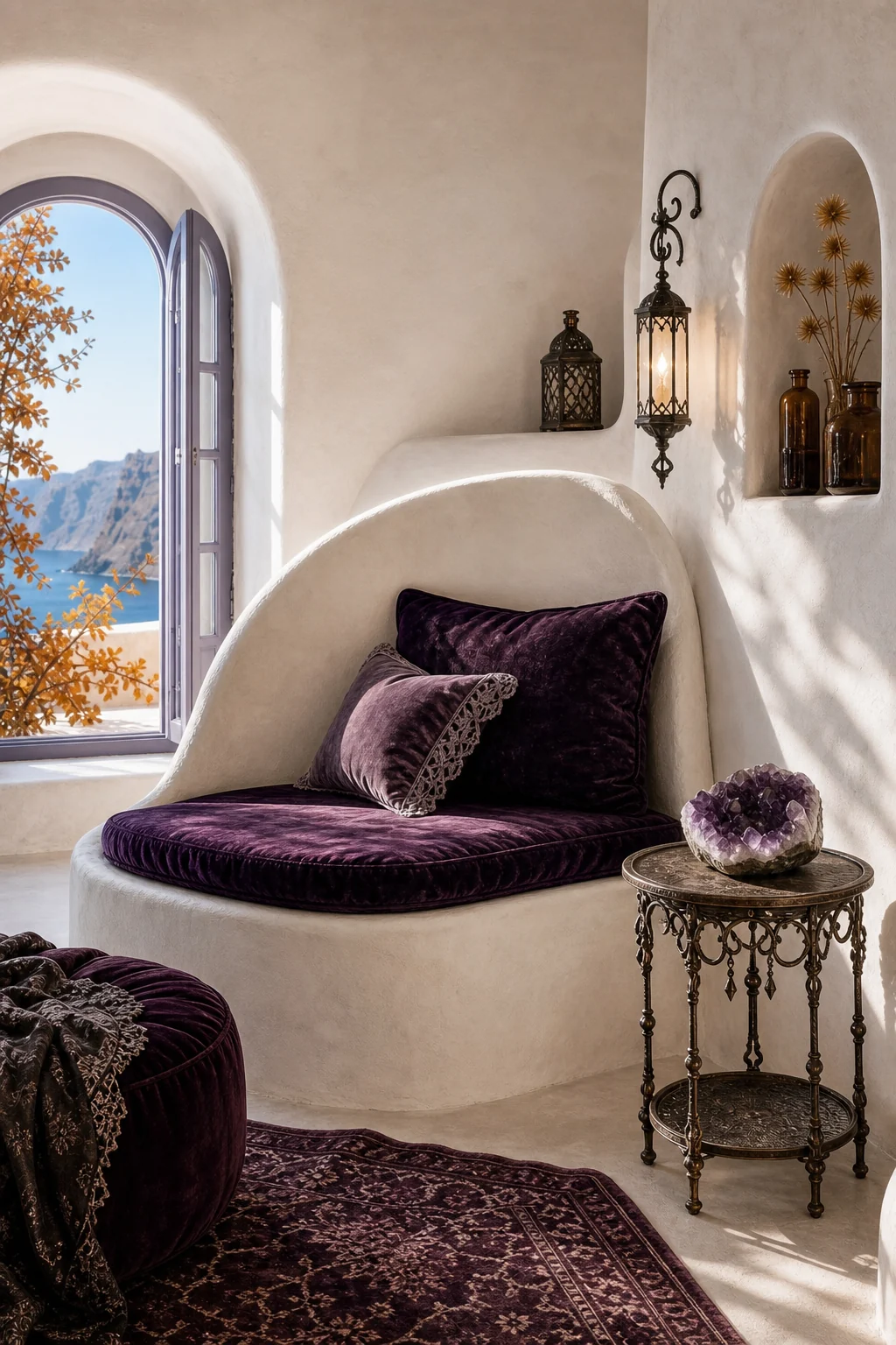 A built-in plaster bench topped with an amethyst velvet cushion next to an iron table