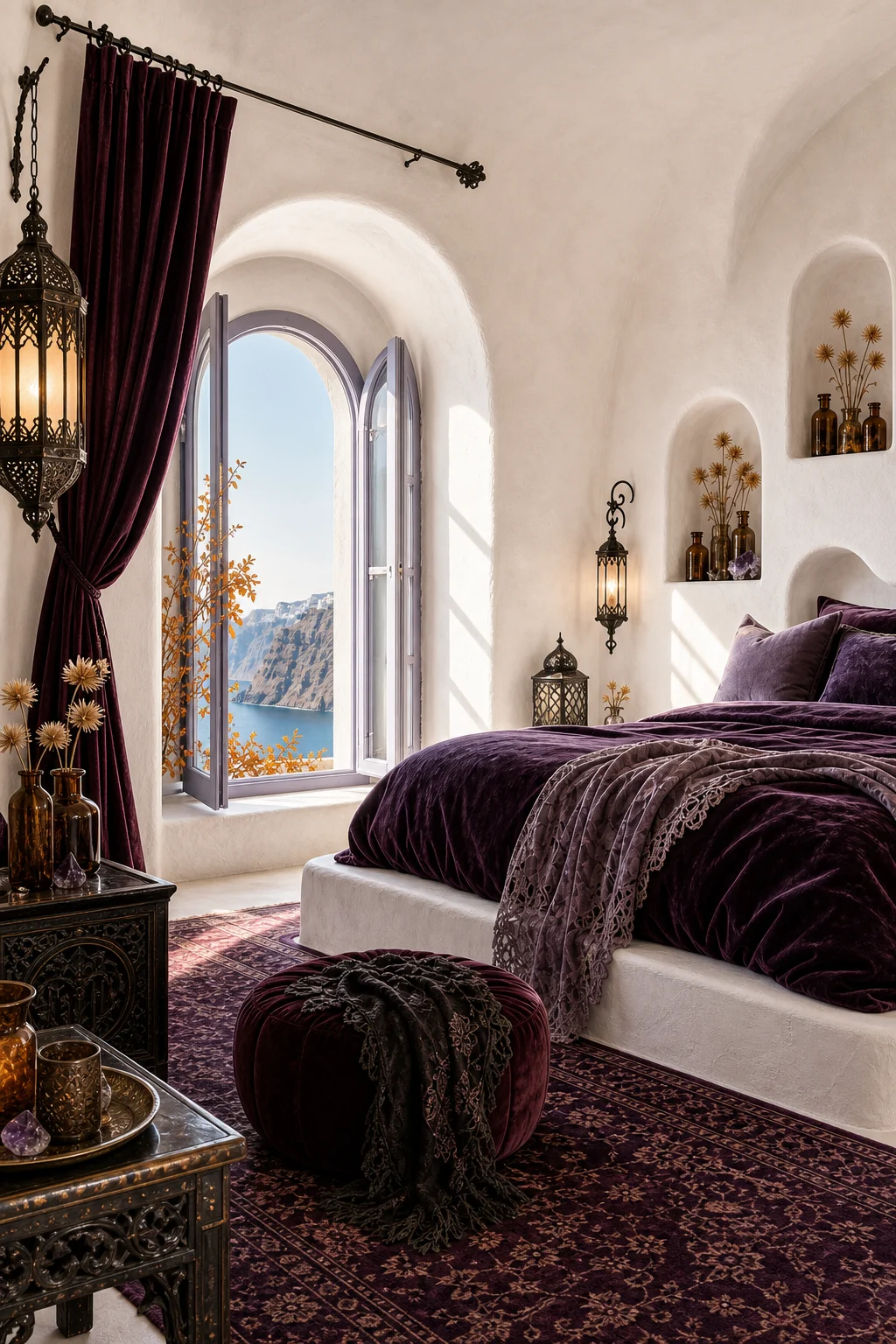 Arched window revealing the caldera, with autumn light hitting a dark plum rug