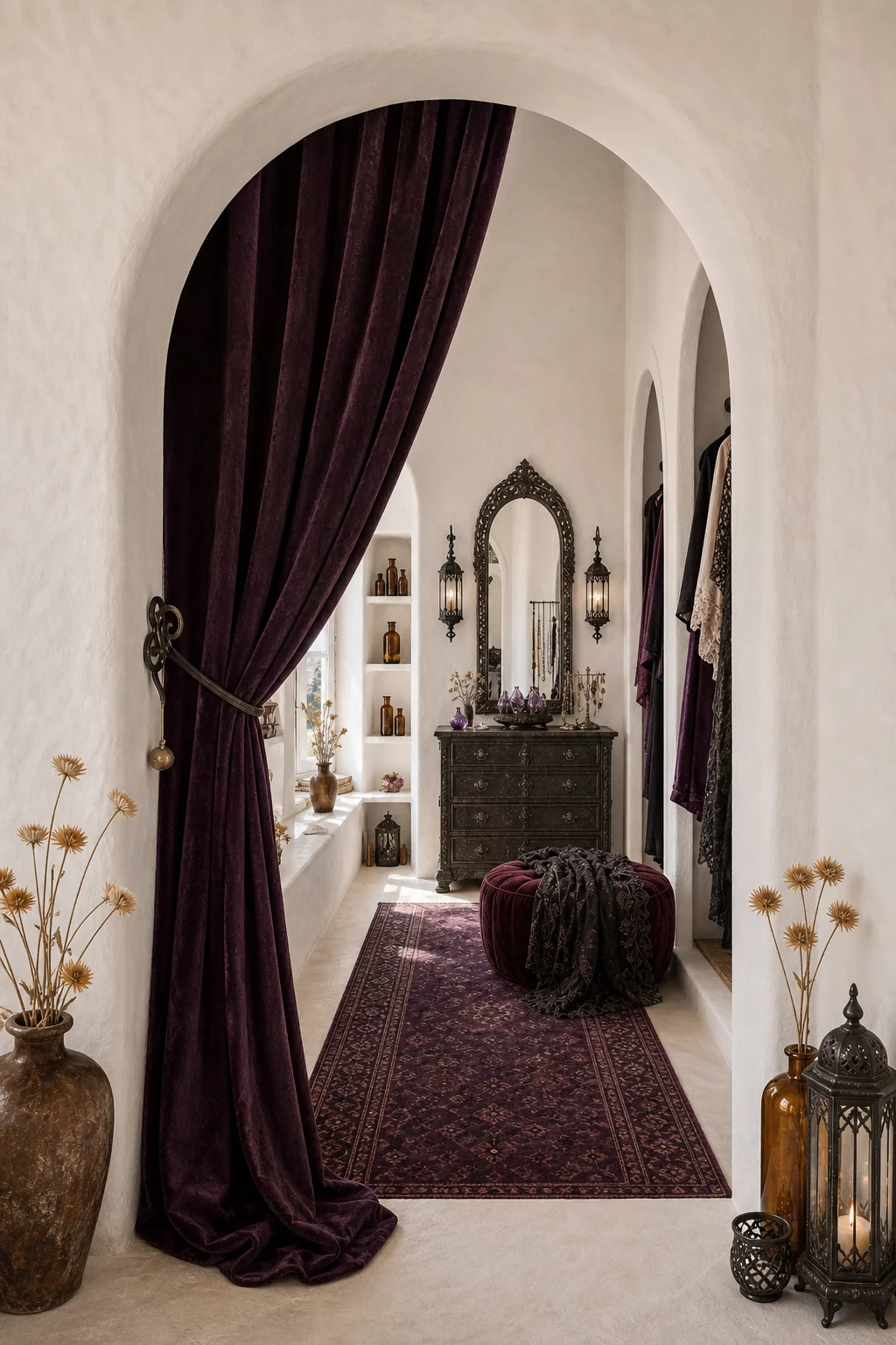 Thick white plaster archway framing a deep plum velvet portiere curtain