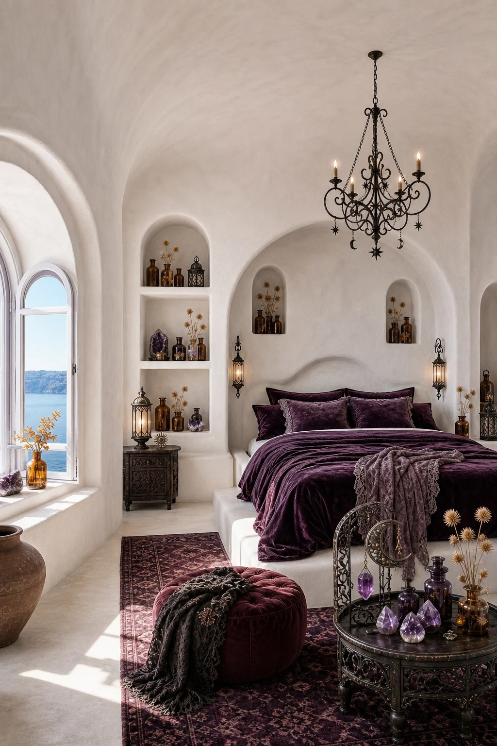 Full room view of a whitewashed bedroom with plum velvet bedding and iron chandelier
