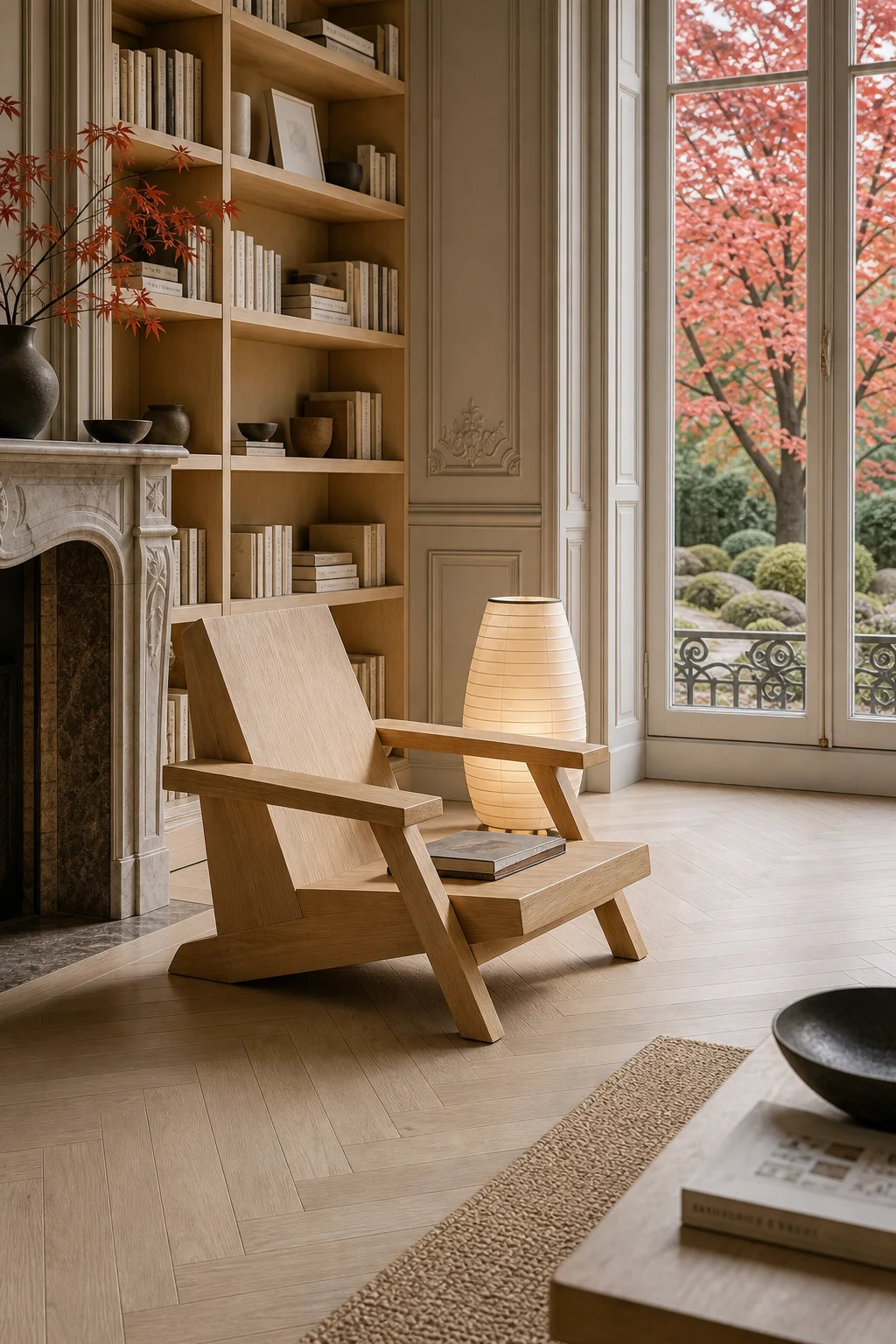 Low-profile solid raw hinoki wood reading chair against tall matte greige Haussmannian wall paneling.