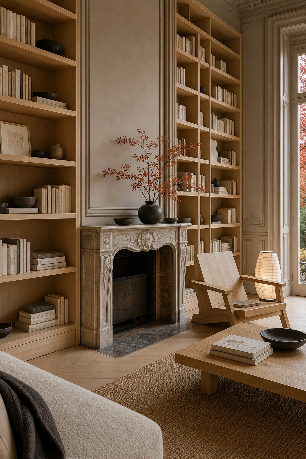 Classical carved marble fireplace mantel flanked by minimalist raw timber shelving grids.