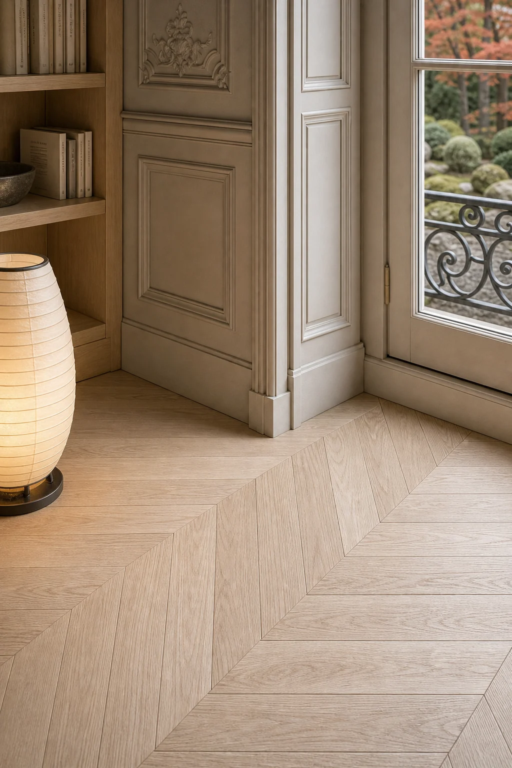 Pale Japanese ash wood herringbone parquet meeting a matte greige plaster baseboard.