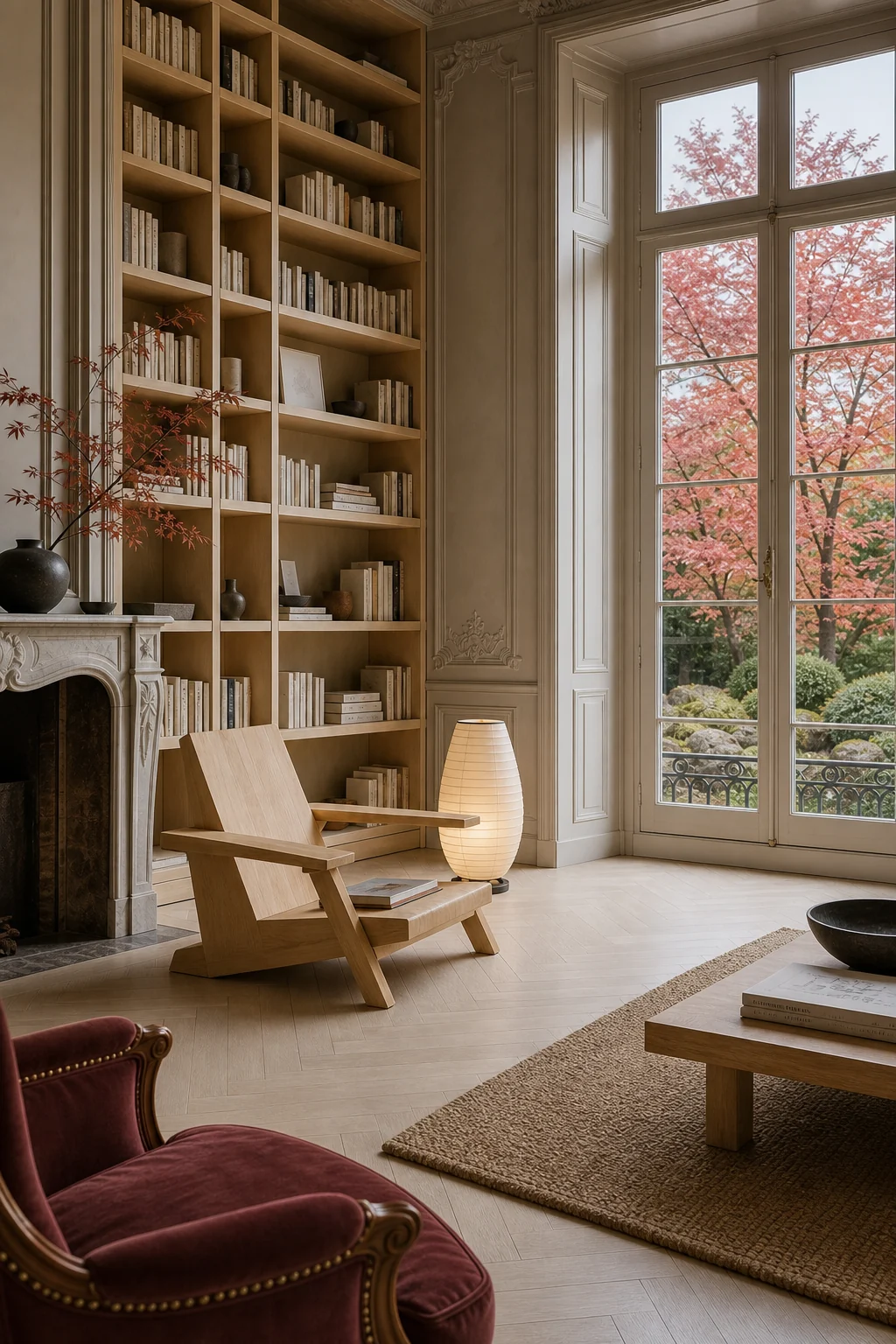 Low-slung hinoki chair and glowing washi floor lamp on pale ash herringbone floors.