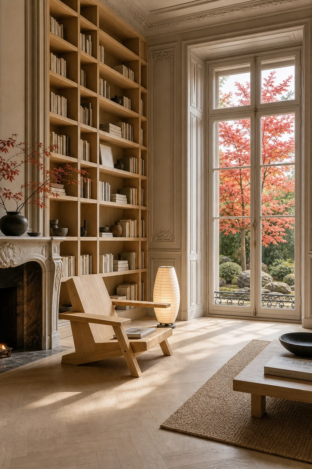 Floor-to-ceiling French casement windows looking out to an autumn garden, casting light on empty floors.