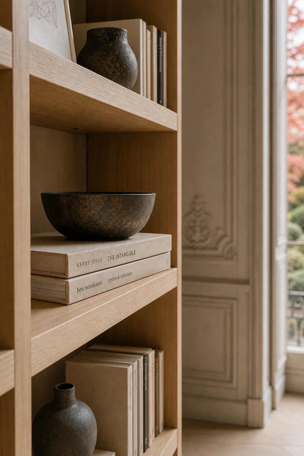 Thin precise joinery on a raw timber shelf holding curated books and an oxidized bronze bowl.