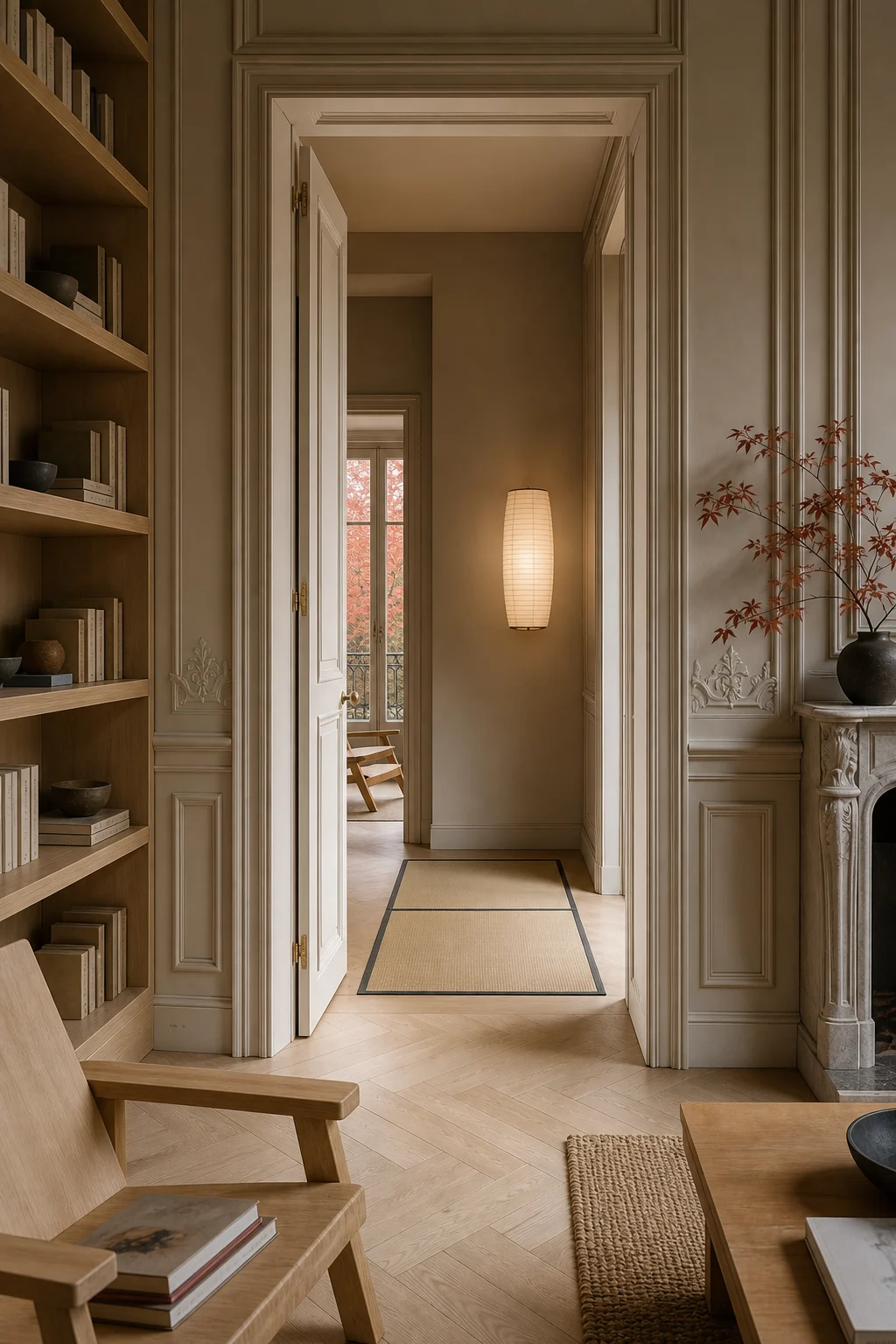 Doorway showing pale ash herringbone transitioning to a simplified hallway with a washi sconce.