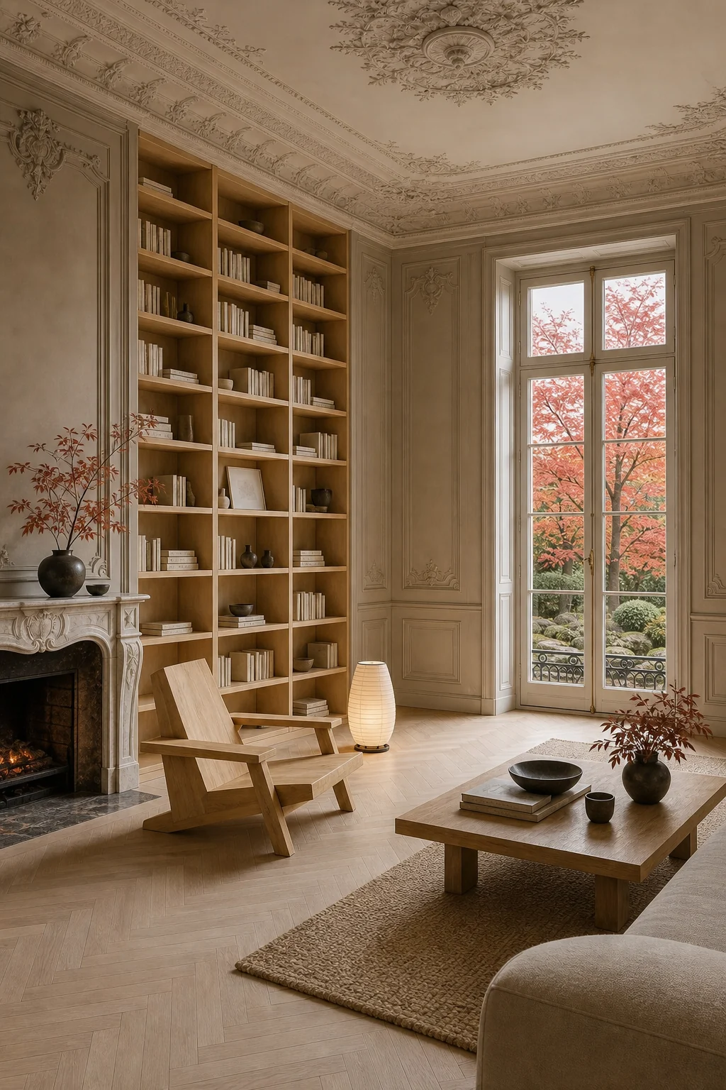 Wide view of the library showing tall architectural shell balanced by low furniture layout.