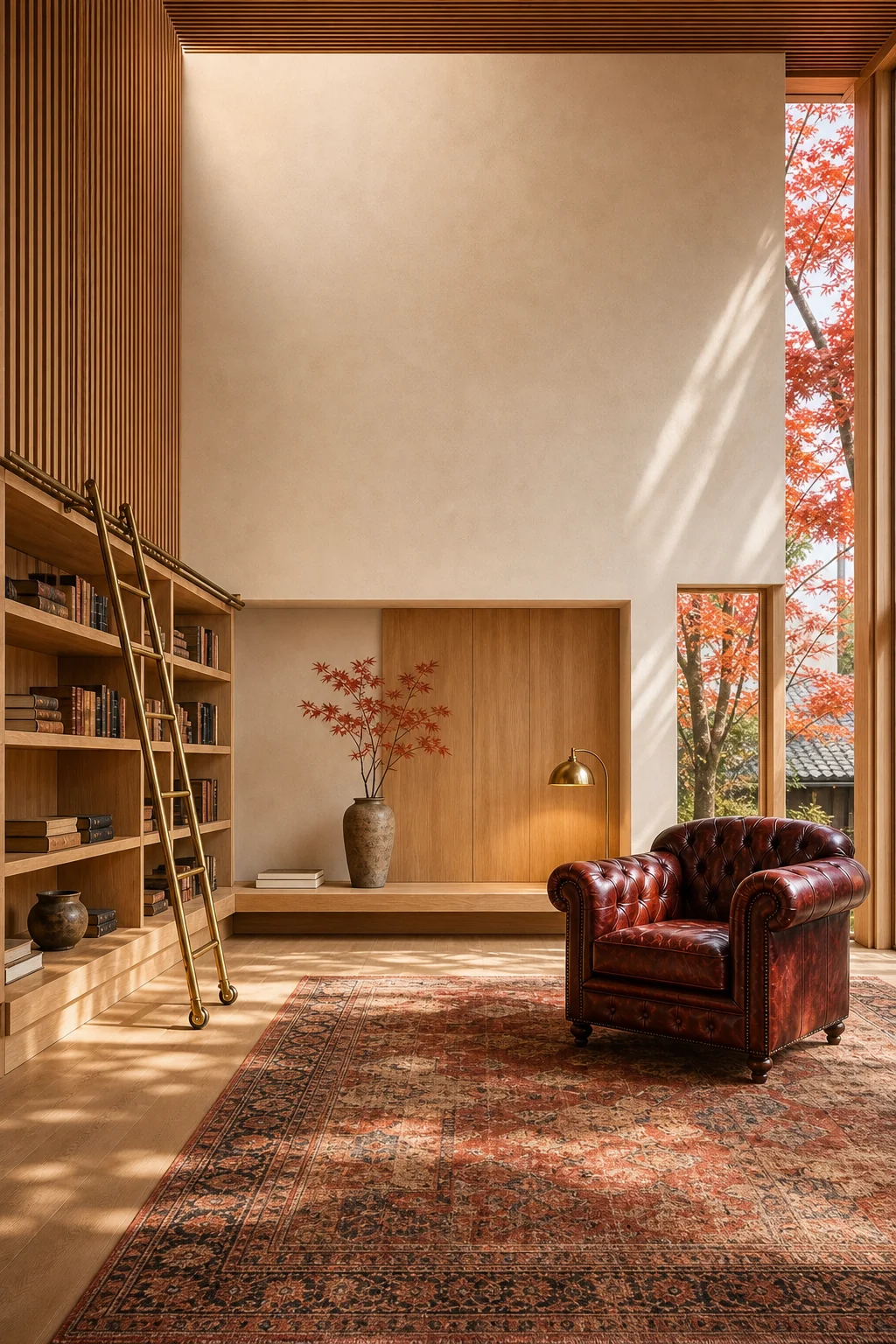 Warm plaster walls and vertical cedar slats with a brass lamp.