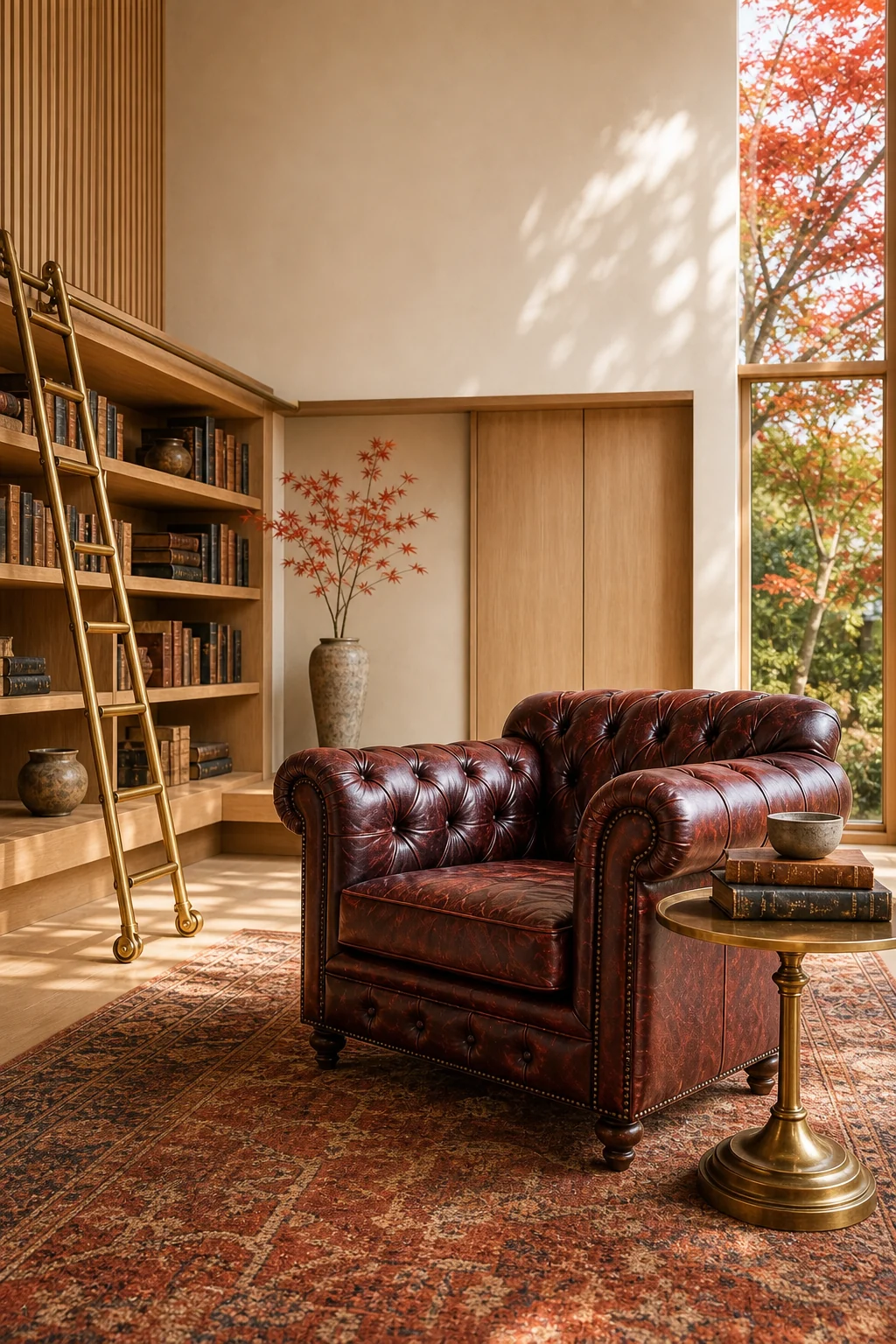 Oxblood leather tufted chair against minimal built-in wood shelving.
