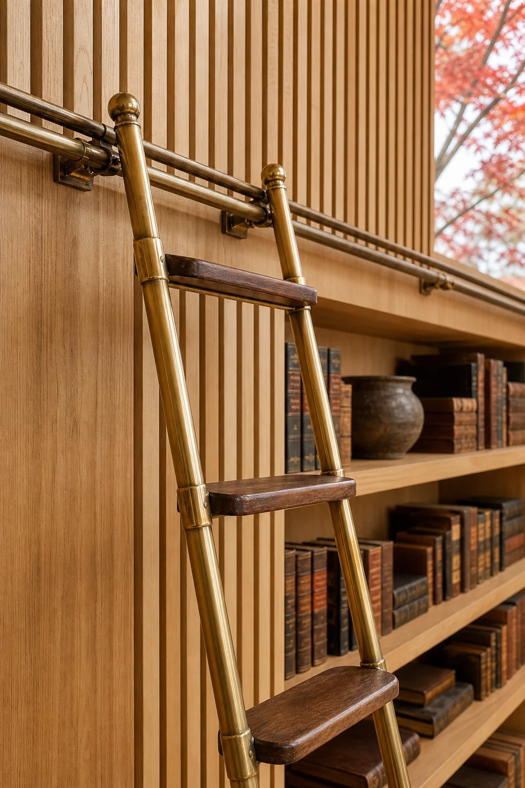 Antique brass library ladder resting against raw vertical cedar slats.