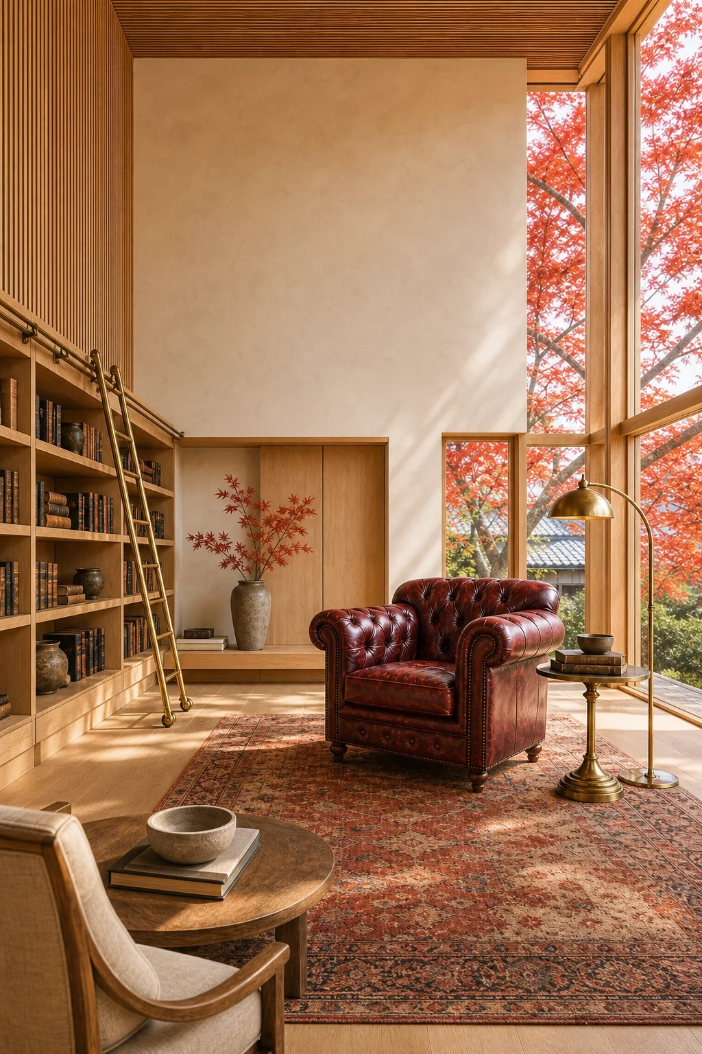 Oxblood chair and Persian rug in a minimal wood room.