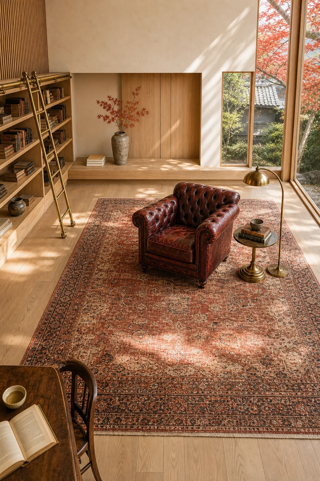 Faded terracotta Persian rug illuminated by soft diffused daylight.
