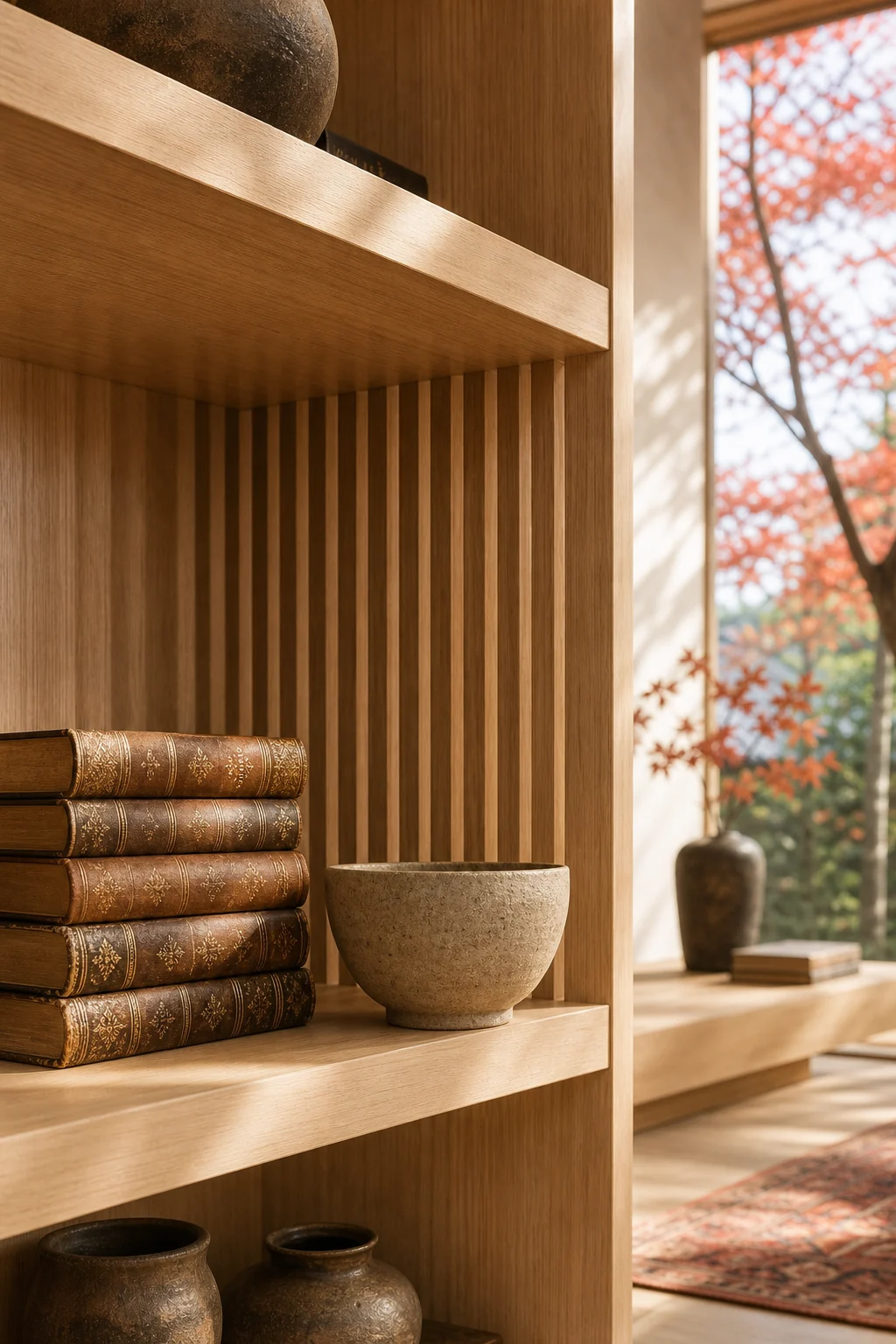 Antique gold-leafed books beside a minimal handmade ceramic bowl.