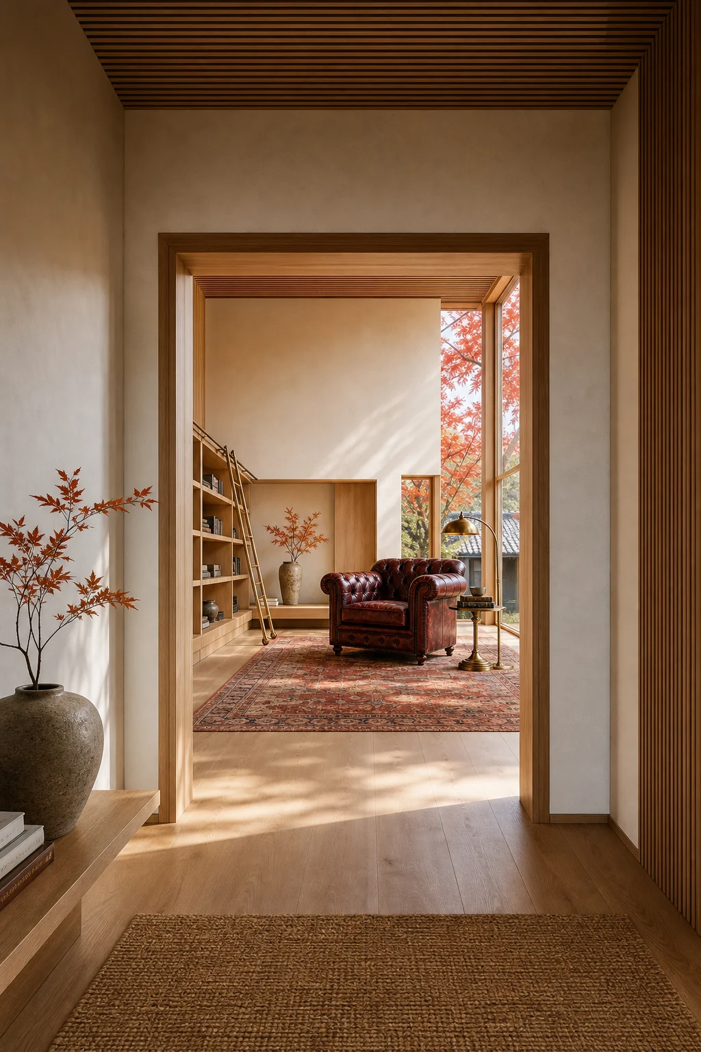 Minimal wood hallway framing a view of an oxblood chair.