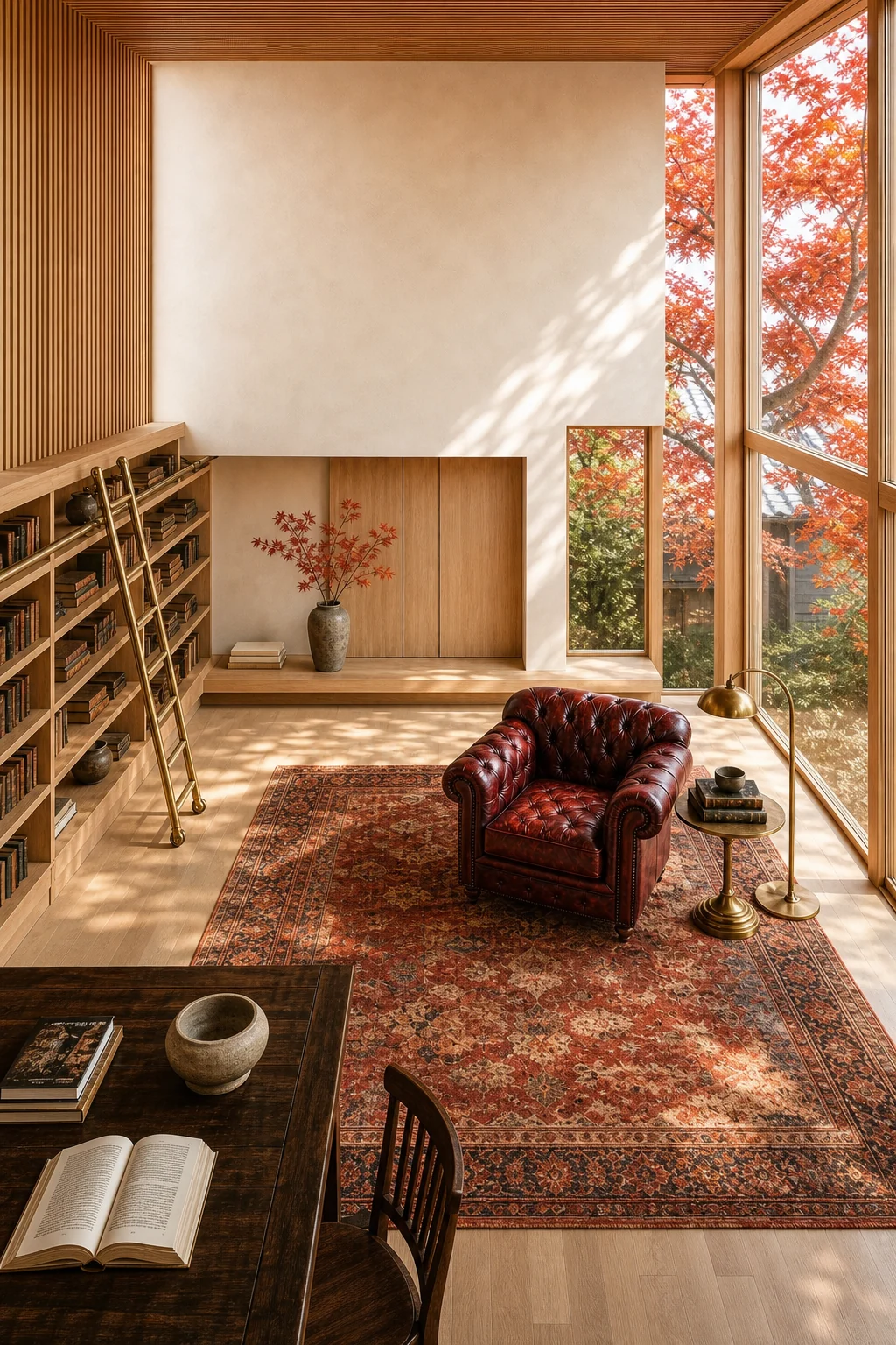 Wide view of minimal wood library with leather chair and ladder.