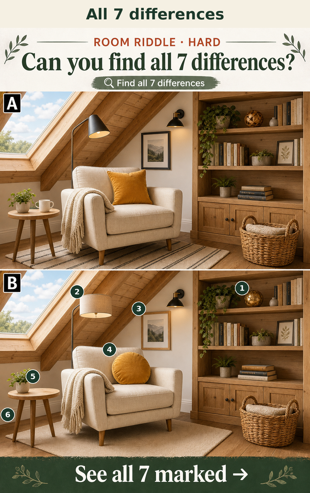 Seven distinct decor and furniture details change between the upper and lower room panels.