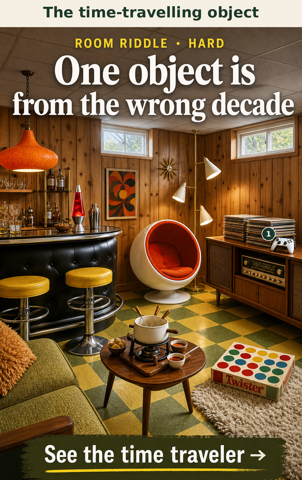The modern wireless video game controller with dual thumbsticks is from the 2010s, while the rest of the basement is from the 1960s.