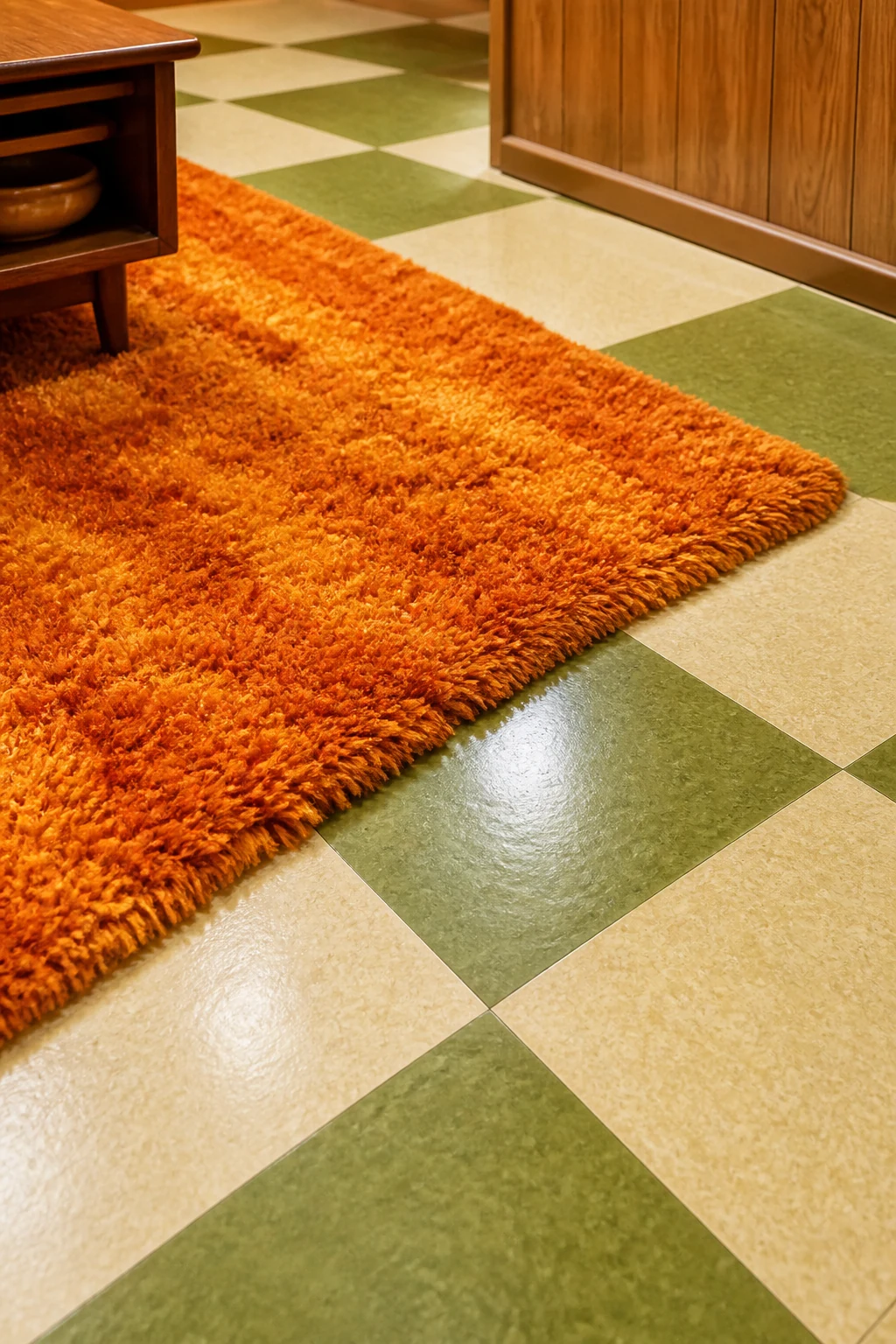 Vibrant 1960s Checkerboard and Shag Flooring
