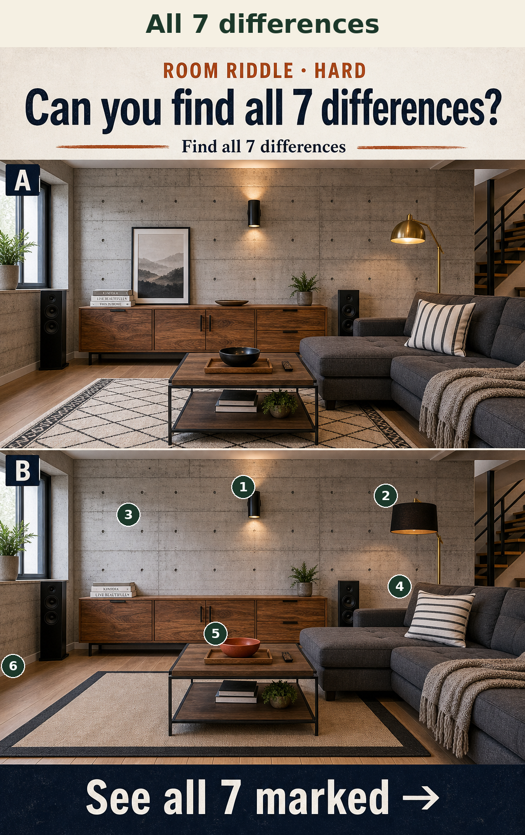 Seven subtle decor and furniture details change between the top and bottom basement views.