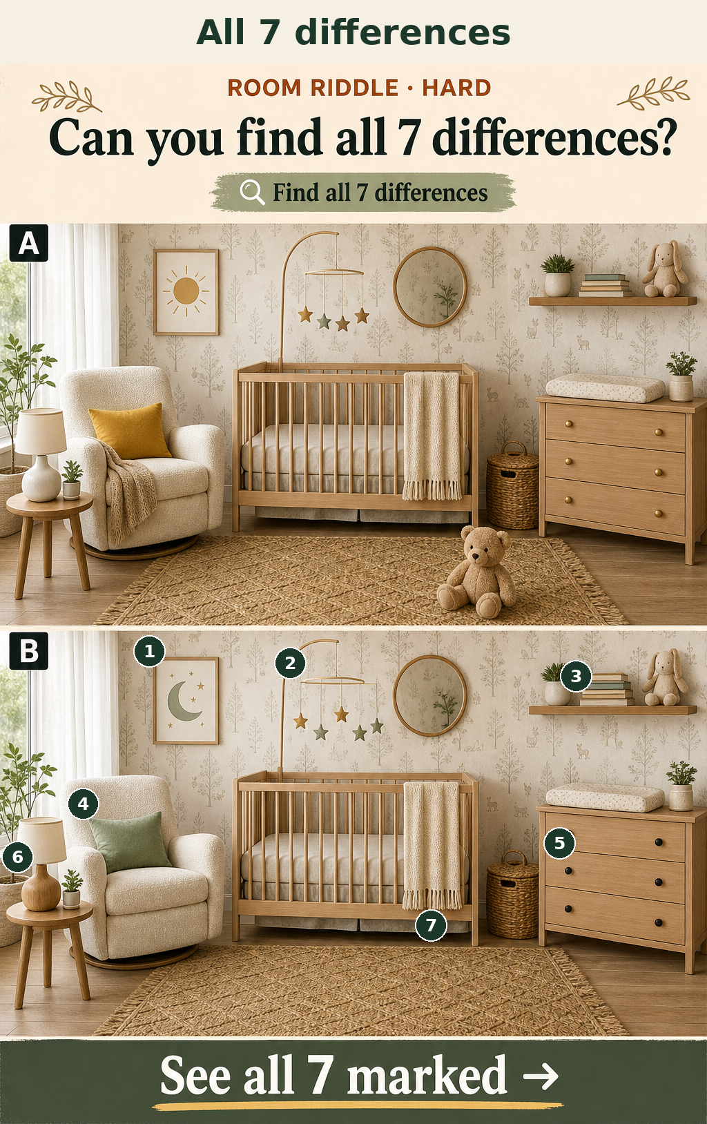 Seven subtle decor, color, and count changes distinguish the lower nursery from the upper nursery.