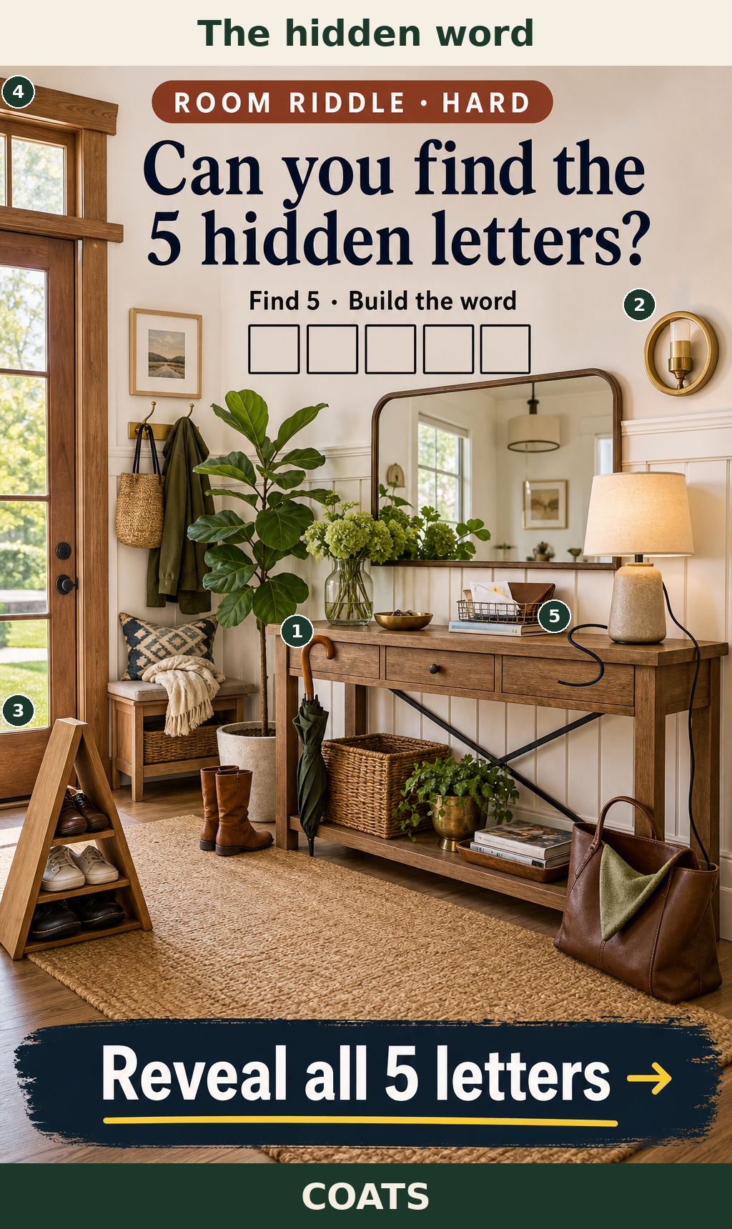 the five letters in reading order and their solution word