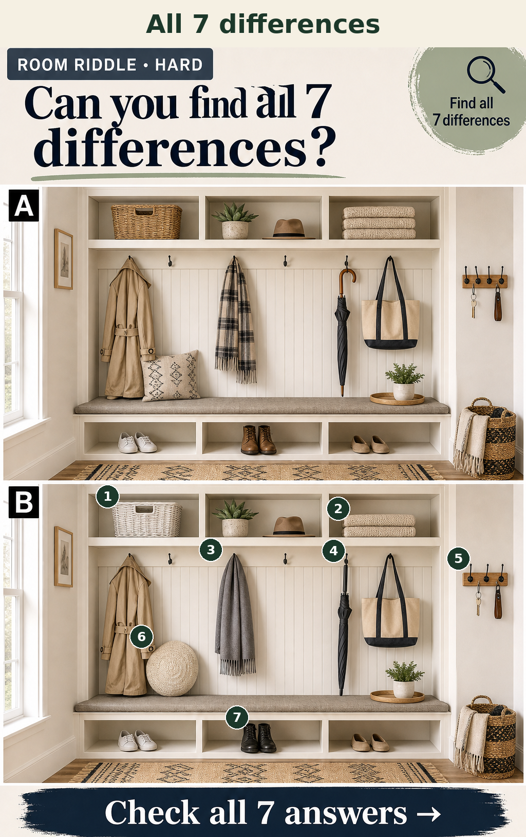 Seven specific changes in color, count, and shape across the closet's storage and accessories.