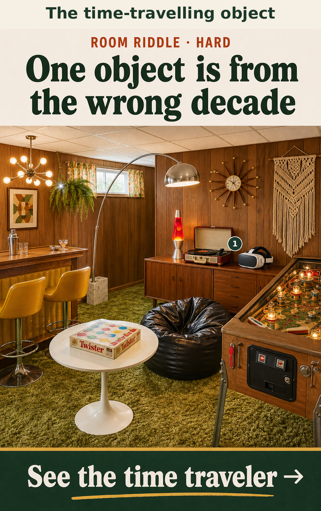 The virtual reality headset is from the 2010s, while the rest of the room is from the 1960s.