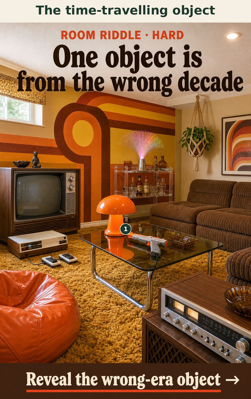The grey and orange video game light gun is from the mid-1980s, while the rest of the gaming room is strictly 1970s.