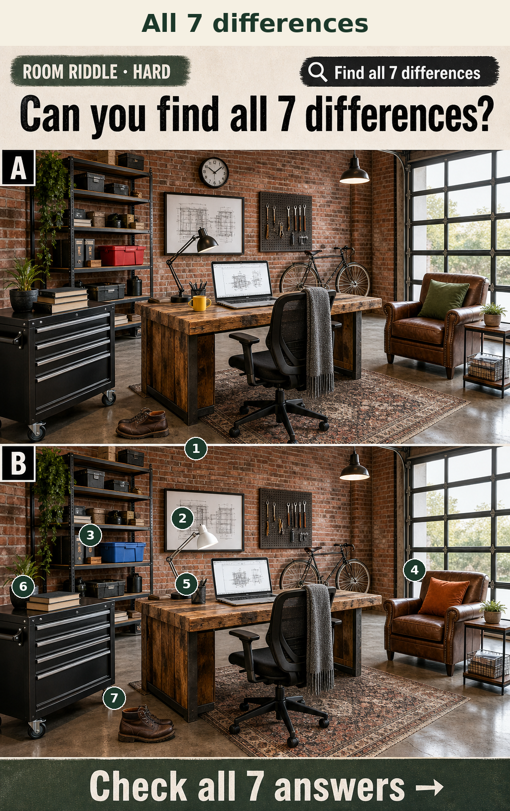 Seven distinct objects change color, orientation, count, or presence between the upper and lower garage office views.