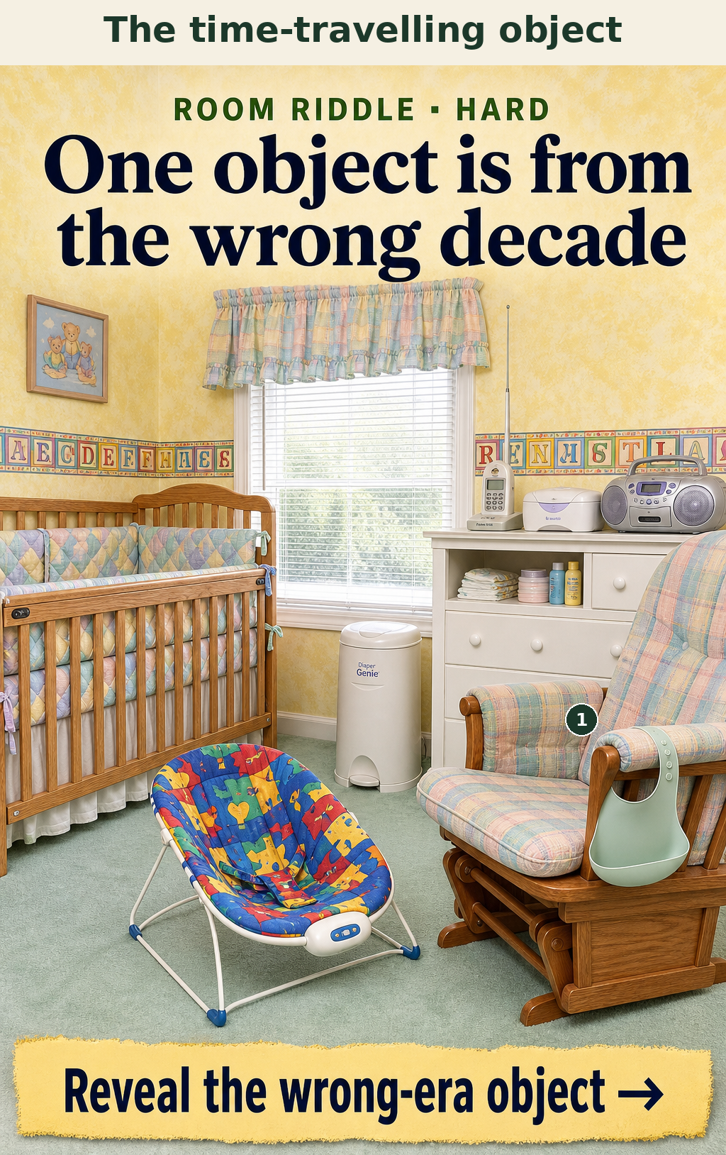 The molded silicone scoop bib is from the 2010s/2020s, while the rest of the nursery features 1990s decor and baby gear.