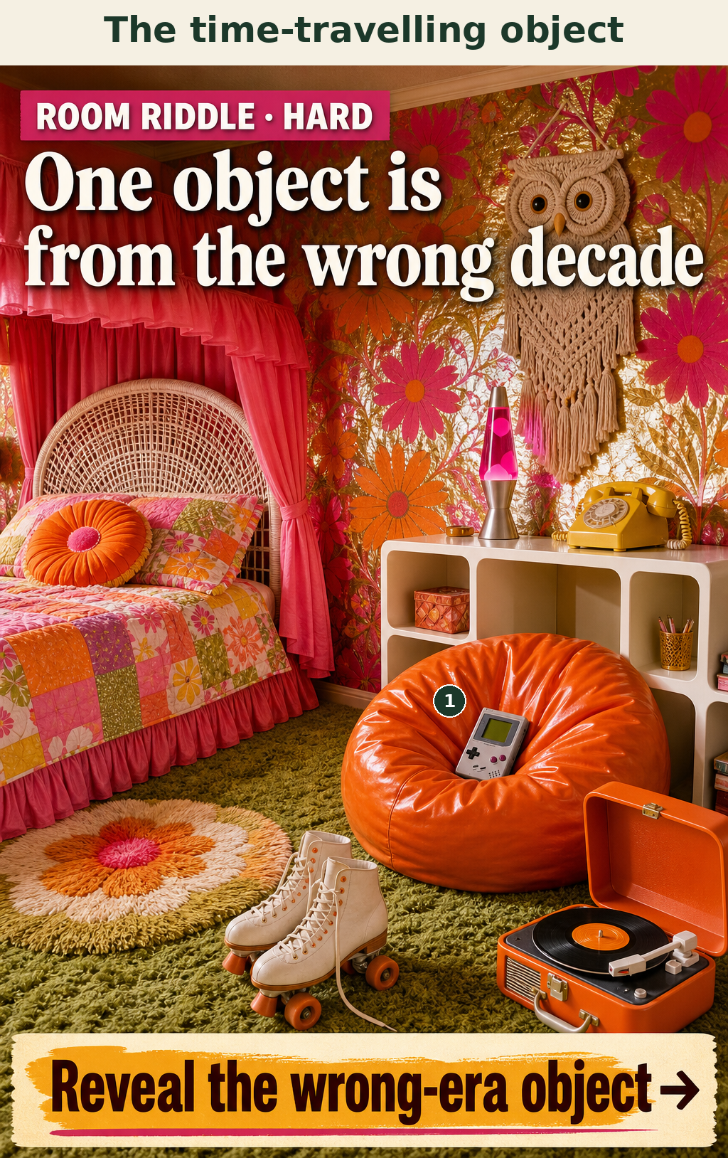 The grey handheld gaming console is from the 1990s, while the rest of the bedroom features authentic 1970s decor.